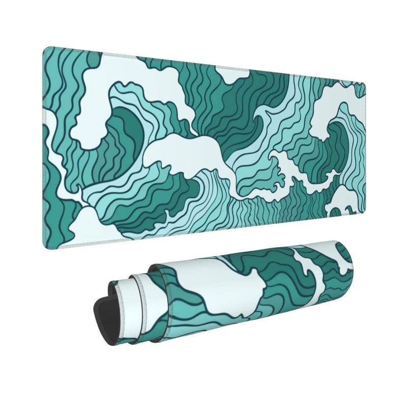 MOLIAN Japanese Green and White Wave Gaming Mouse Pad XL  Non Slip Rubber Base Mousepad  Stitched Edges Desk Pad  Extended Large Mice Pad 31.5 X 11.8 Inch - Image 1
